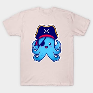 Cute Pirate Octopus With Eyepatch Cartoon T-Shirt